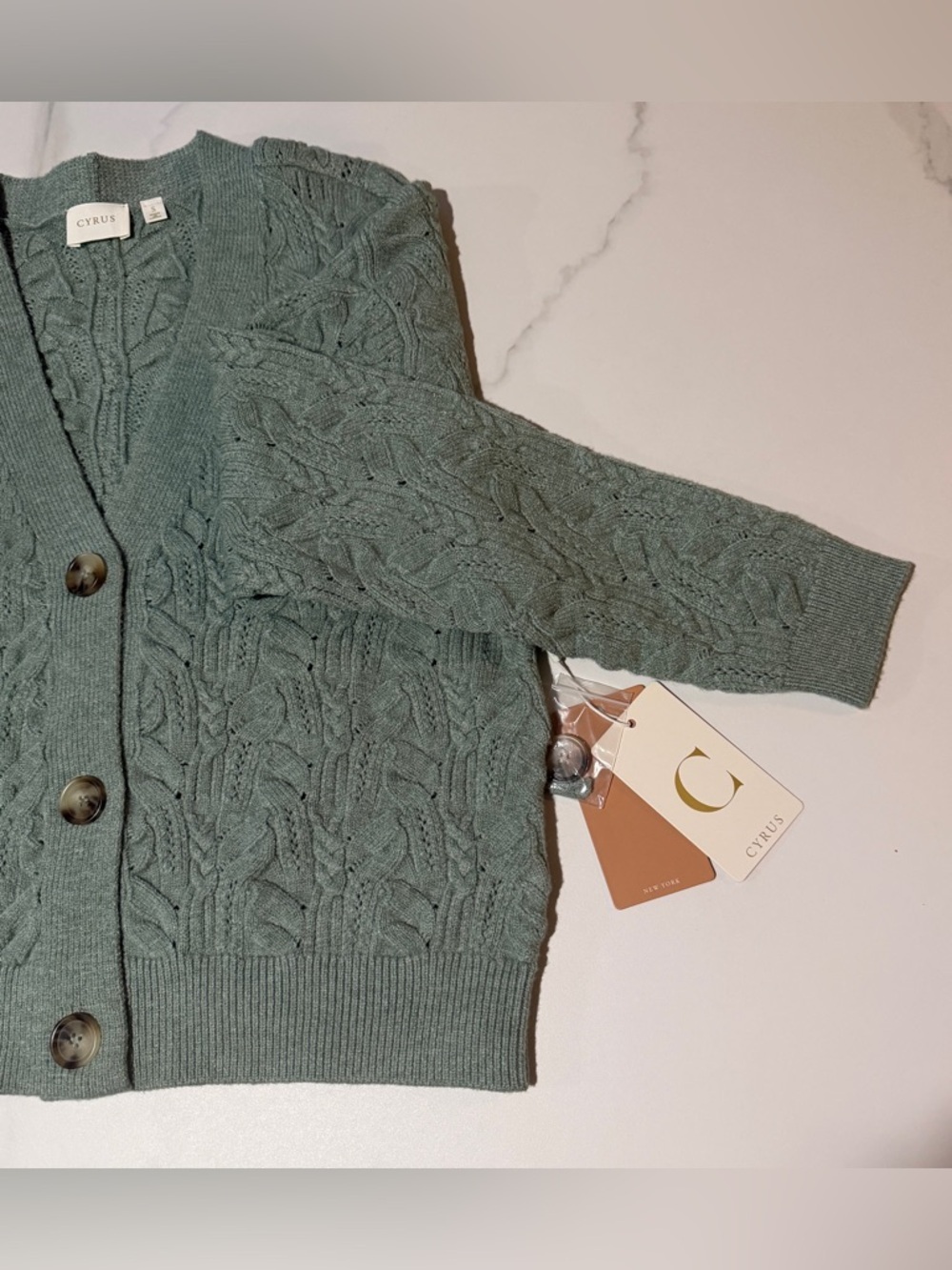 Cyrus Sage Green Cable Knit Button-Up Cardigan S - Picture 4 of 10